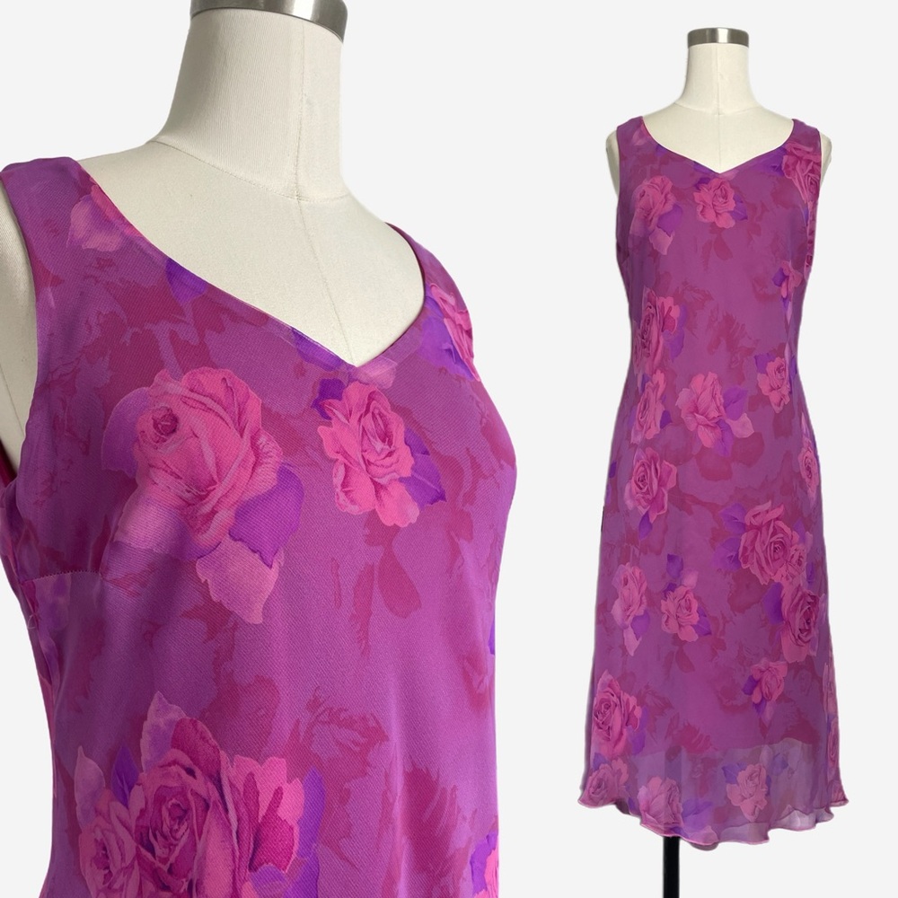 Vintage 90s Believe… purple pink rose floral asymmetric slip dress romantic S